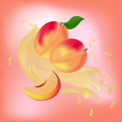 Vector of peaches with juce splash,slice and leaf.Banner,card,packaging concept.Isolated elements.