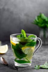 Mint tea with fresh mint leaves in glass cup, alternative medicine concept, healthy hot drink. Copy space
