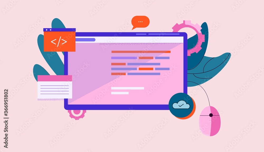 Poster First person programming illustration. Online product development software coding technology creative information flat applications professional vector website development.