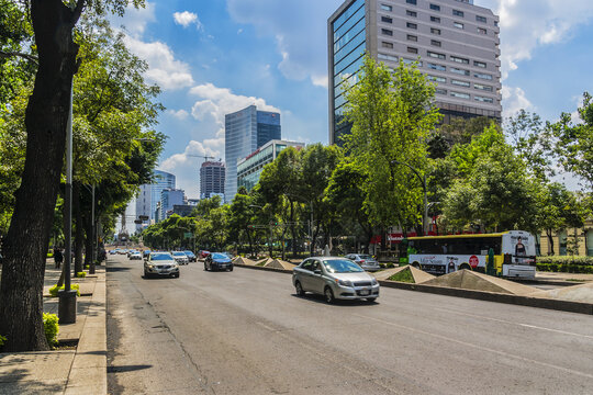 Paseo de la Reforma is a wide avenue in downtown Mexico City. Avenue designed by Ferdinand von Rosenzweig in 1860s. It is now home to many of Mexico's tallest buildings. MEXICO CITY. July 15, 2015.