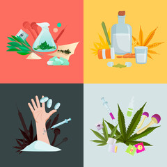 Drug addiction illustration set. Ready to use organic drugs mescaline extract bunch of salvia leaves synthetic substances of mdma capsule vector heroin injections LSD stickers and ecstasy pills. - obrazy, fototapety, plakaty