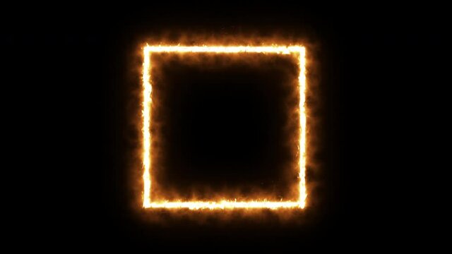 An empty frame with a fiery border glows, burns with flame. square frame animated background. 3D rendering.