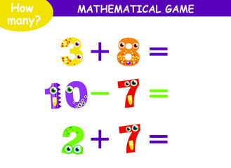mathematical examples of addition and subtraction with cute monsters. educational page for children.