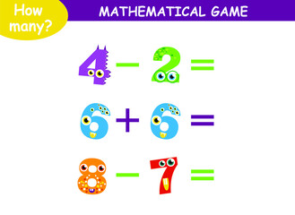 mathematical examples of addition and subtraction with cute monsters. educational page for children.