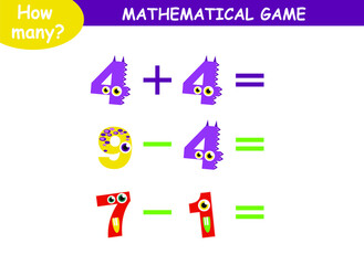 mathematical examples of addition and subtraction with cute monsters. educational page for children.