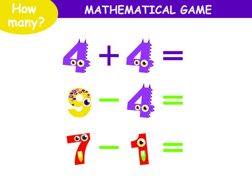 mathematical examples of addition and subtraction with cute monsters. educational page for children.