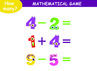 mathematical examples of addition and subtraction with cute monsters. educational page for children.
