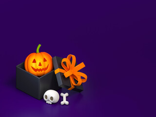 Halloween pumpkin in black gift box on dark background 3d rendering. 3d illustration cute pumpkin and skull for celebration Halloween event template minimal style concept.