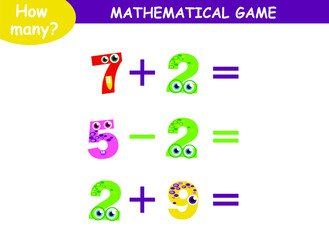 Fototapeta premium mathematical examples of addition and subtraction with cute monsters. educational page for children.