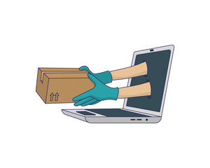 Hands in medical gloves holding package coming out of a laptop. Online shopping service and parcels safely and with protection.