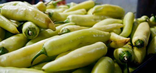 Green chilli Bhaji for sale in street of Indian market. Fresh green chilli for sale