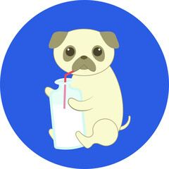 Cute dog pug with bottle of milk on the blue round background. Cartoon style vector graphics.