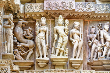 Sculptures on the walls of Lakshmana Temple, Khajuraho Group of Monuments, Madhya Pradesh state, India