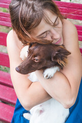A girl in a blue sundress sits on a bench and hugs a beautiful little brown and white dog. Portrait of a girl with a dog. Love for pets, dog day. Close your eyes in pleasure. Vertical, top view.