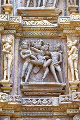 Sculptures on the walls of Kandariya Mahadeva Temple known as the Great God of the Cave, Khajuraho Group of Monuments, Madhya Pradesh state, India
