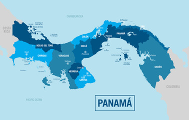 Panama country political map. Detailed vector illustration with isolated provinces, departments, regions, cities and states easy to ungroup.
