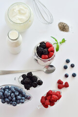 Healthy food and breakfast. glass of delicious homemade smoothie, dessert made from chia and berries. delicious milkshake, vegan raw food. Summer card. Good morning.Selective focus.