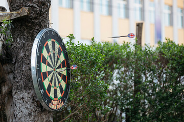 Playing dart game with colorful dart arrows.