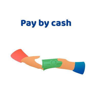 Cash transaction, cash payment. Hand holds cash on a white background. Green bills in hands.