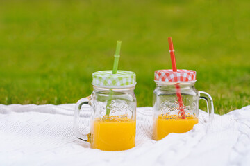 Summer picnic concept on sunny day with watermelon, fruit, bouquet hydrangea and sunflowers flowers. Picnic basket on grass with food and refreshing summer drink on knit blanket. Selective focus
