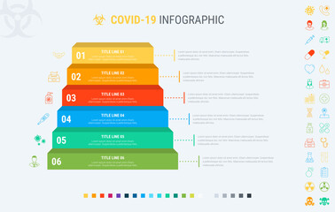 Covid-19 infographic template. 6 steps to prevent coronavirus, designed with beautiful colors. Vector timeline elements for print, presentations or internet. Many additional icons.
