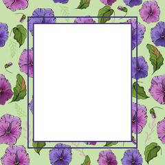 Floral square frame with flowers violet pansies and green leaves on green background. Suitable for your design, cards, invitations, gifts.