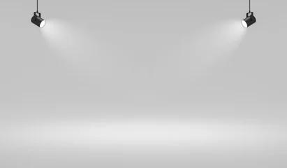 Gordijnen Empty white studio backdrops and spotlight on entertainment room background with showing scene. White product display or blank room. 3D rendering. © Lemonsoup14