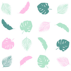 Tropical leaves modern flat vector summer pattern in pastel colors (pink, grey) on light background
