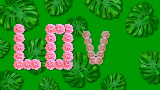 Animation, the word love is written from roses on a green background.