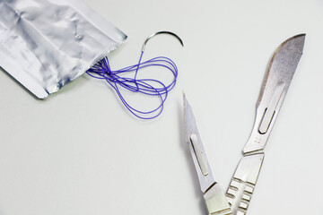 Dissection Kit - Absorbable suture, polyglycolic acid. Surgery operation equipment, knife, needle...