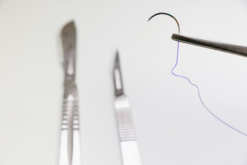 Dissection Kit - Absorbable suture, polyglycolic acid. Surgery operation equipment, knife, needle...