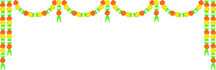 Obraz premium Marigold flowers and curtain decorations with bells, lamps for the temple, and house doors.