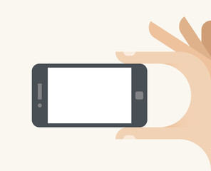 Human hand holding mobile smartphone with blank clear screen - free space for text, infographics, information, advertising, Internet website page, message, photography, map, company address etc.