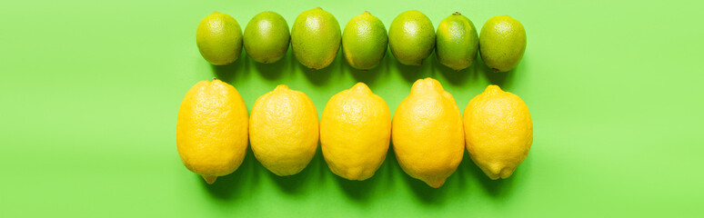 flat lay with ripe lemons and limes on green background, panoramic crop