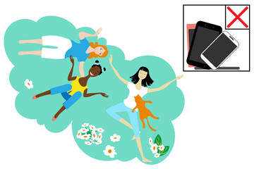 Joyful girls relaxes on a meadow.  Smart phone ban. Top view, flat style. Concept digital detox.