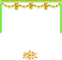 Marigold flowers and curtain decorations with bells, lamps for the temple, and house doors.