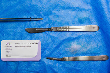Dissection Kit - Absorbable suture, polyglycolic acid. Surgery operation equipment, knife, needle...