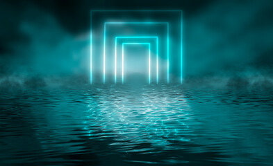Dramatic dark background. Reflection of light on the water. Smoke fog. Light neon effect, energy waves on a dark abstract background. Laser neon show. Smoke, fog. 3d illustration