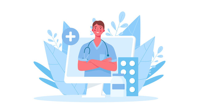 Online medical consultation, support. Online doctor. Healthcare services. Family male doctor with stethoscope on the laptop screen. Vector illustration for websites landing page templates.