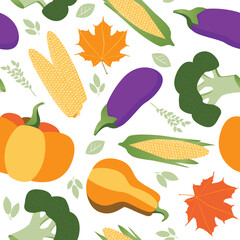 Seamless pattern with pumpkin, eggplant, corn, broccoli, olives, vegetables, flat vector stock illustration isolated on white background