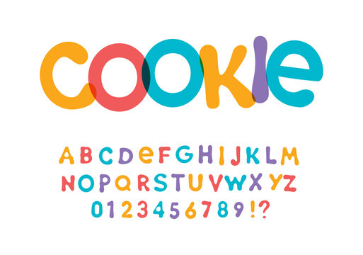 Color font for bright packaging design for cookies, snacks and sweets. Children font for kids holidays and toys. Vector typography.