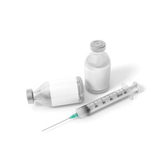 Vaccine and syringe injection for prevention, immunization from virus infection 3d rendering. 3d illustration ampoule vaccine with other vaccination vials. Health care and Medicine infectious concept.