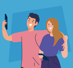 Obraz premium happy couple are take selfie, woman and man are photographed together vector illustration design