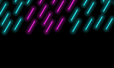 Bright neon glow sticks lines, vertical tilted, against a black background, similar to cosmic rain. Geometric abstraction. Copy space. Vector illustration.