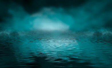 Naklejka premium Dramatic dark background. Reflection of light on the water. Smoke fog. Light neon effect, energy waves on a dark abstract background. Laser neon show. Smoke, fog. 3d illustration