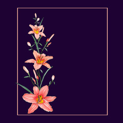
Floral frame with lilies on purple background. Hand drawn flowers in realistic style. All elements are isolated and editable. Design for greeting card, wedding invitation, banner.