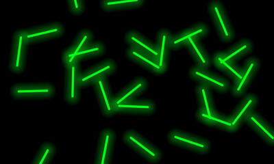 Green neon lines randomly scattered on a black background. Beautiful glowing elements. Geometric abstraction. Vector illustration.