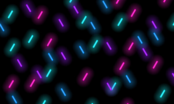 Bright neon glowing sticks lines scattered randomly on a black background. Geometric abstraction. Vector illustration.