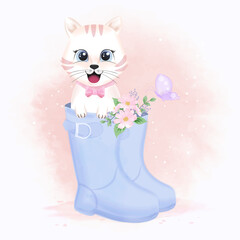 Cute white cat in boot shoe and butterflies, hand drawn cartoon animal illustration