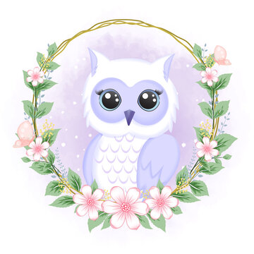 Cute Owl with flower frame hand drawn cartoon animal illustration